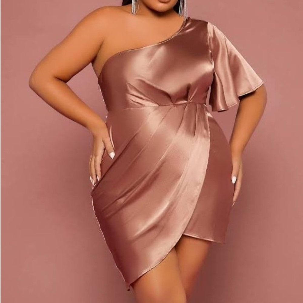 SHEIN - Draped Asymmetrical Satin Wrap Dress - Apricot - Size 3XL